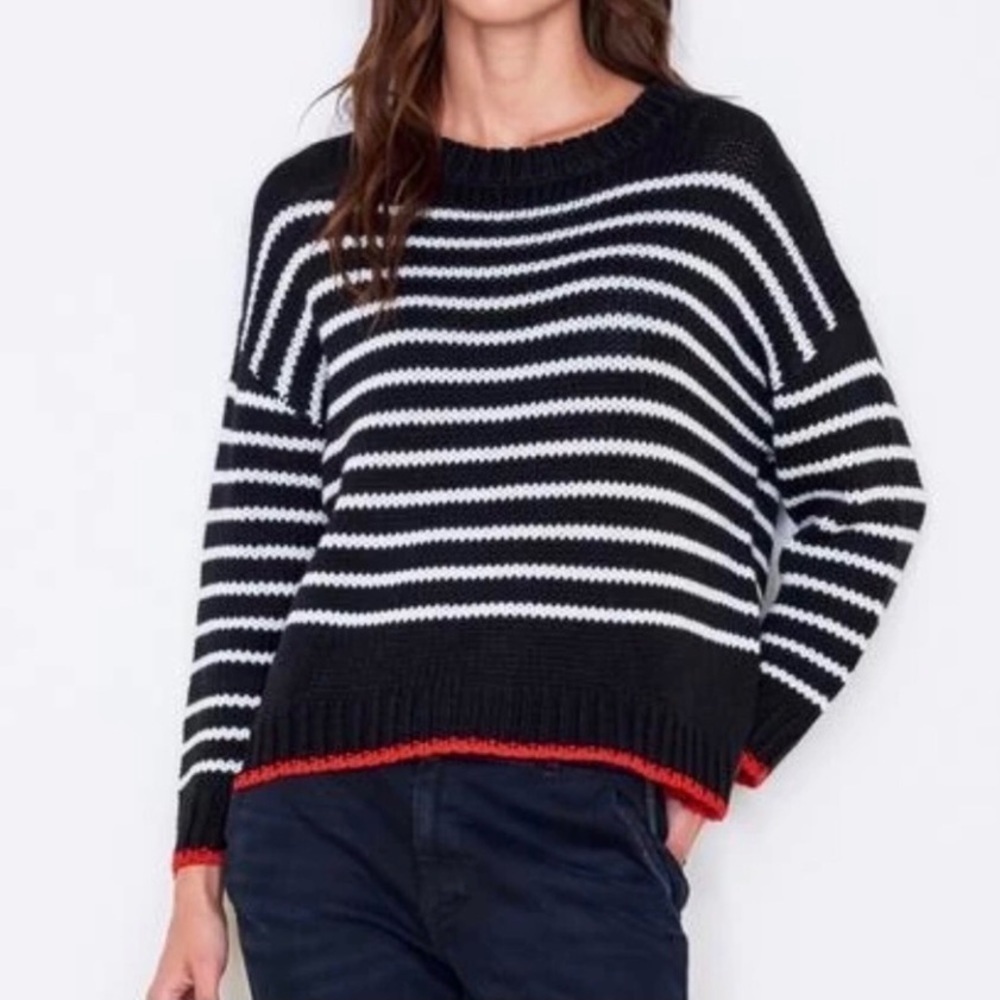Sundry Wool Blend Relaxed Knit Pullover Sweater Black White Stripe Small